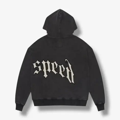 Black washed Godspeed hoodie, back view, with cream gothic speed text.