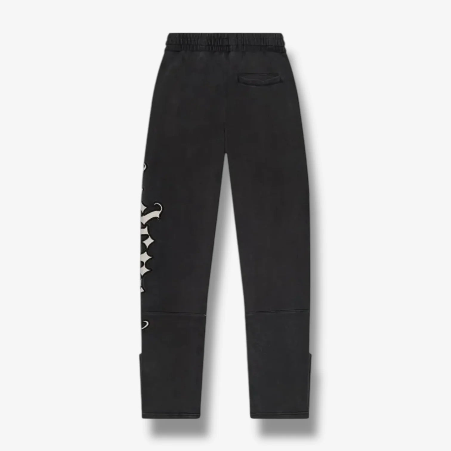 Godspeed black washed sweatpants, back view, white OG logo on leg.